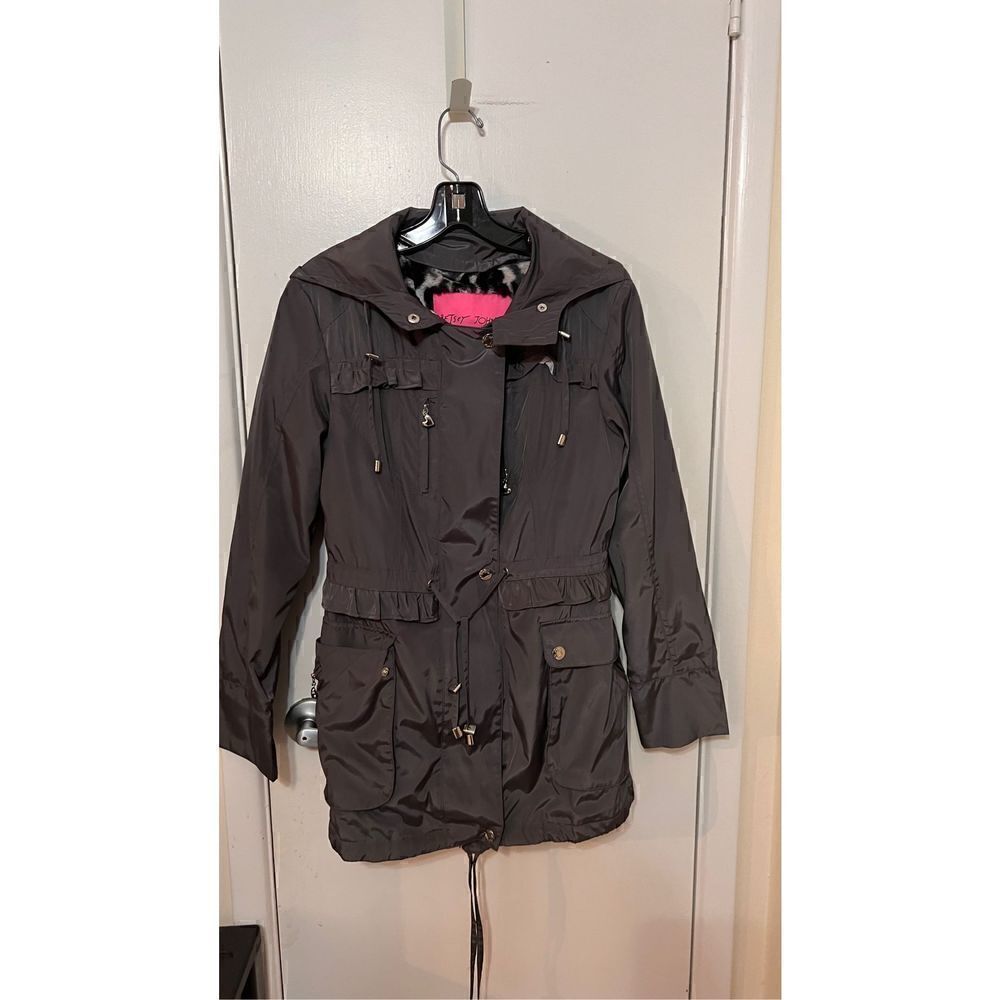Betsey Johnson Womens Ruffle Hoodie Double Layer Trench Coat Jacket Gray Size XS